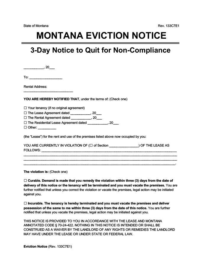 montana eviction notice 3 day comply or quit