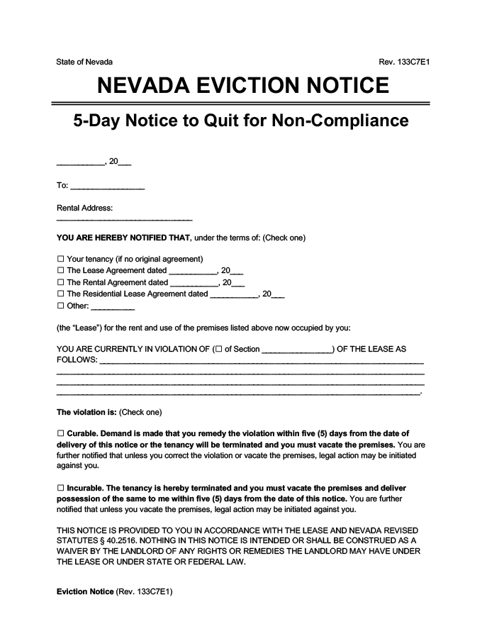 Nevada eviction notice 5 day comply or quit