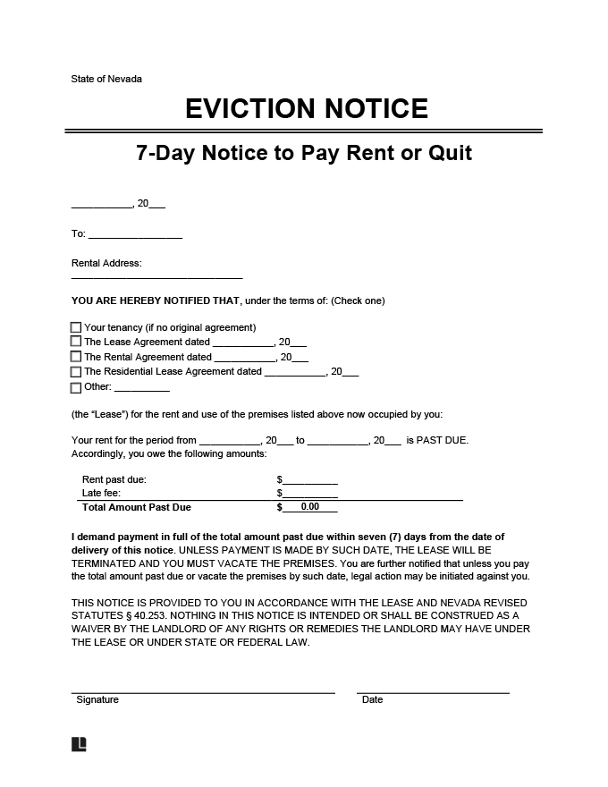 Nevada eviction notice 7 day pay rent or quit