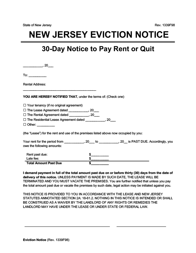 new jersey eviction notice 30 day pay rent or quit