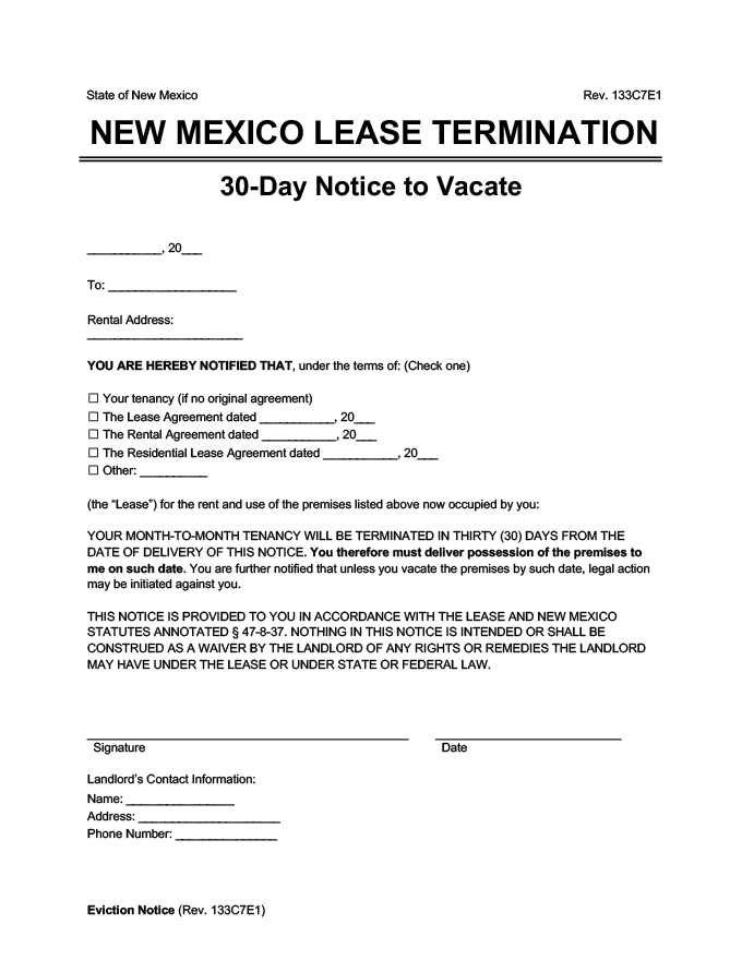 new mexico 30 day lease termination