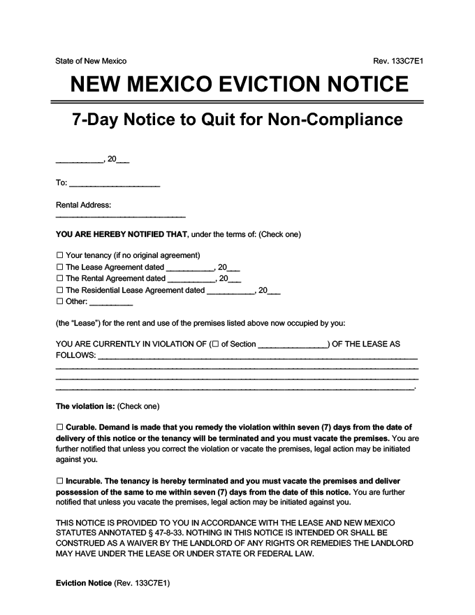 new mexico eviction notice 7 day comply or quit