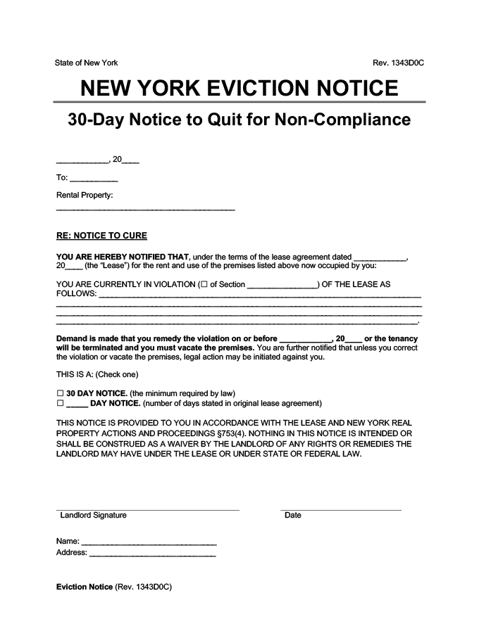 new york eviction notice 30 day comply or quit curable