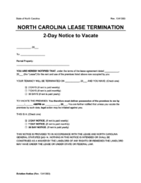 North Carolina 2 day lease termination screenshot