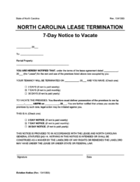 North Carolina 7 day lease termination screenshot