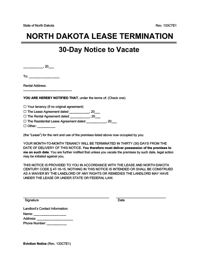 north dakota 30 day lease termination