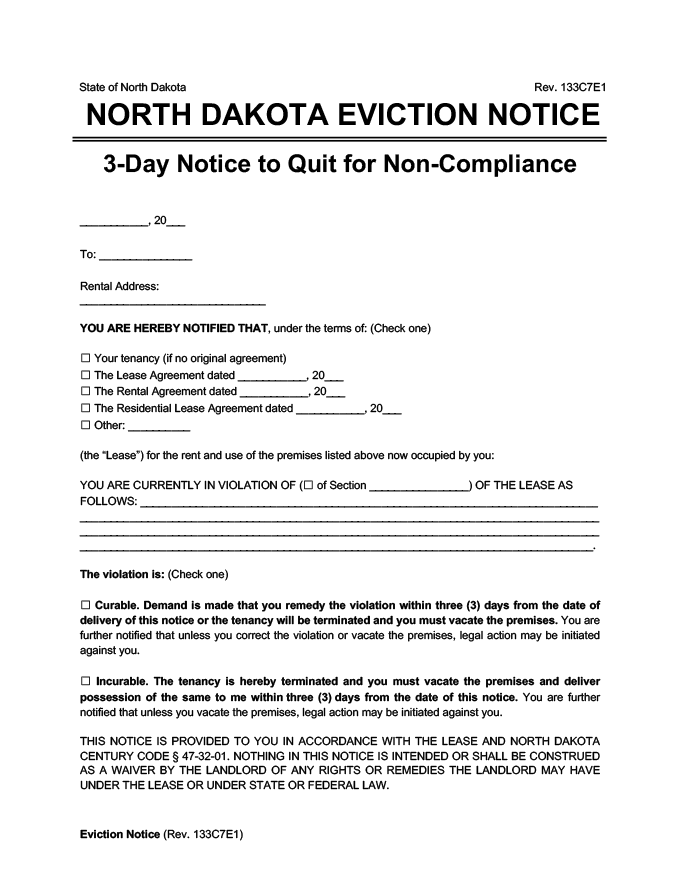 north dakota eviction notice 3 day comply or quit
