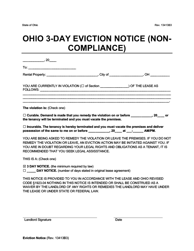 ohio 3 day eviction notice for non compliance form