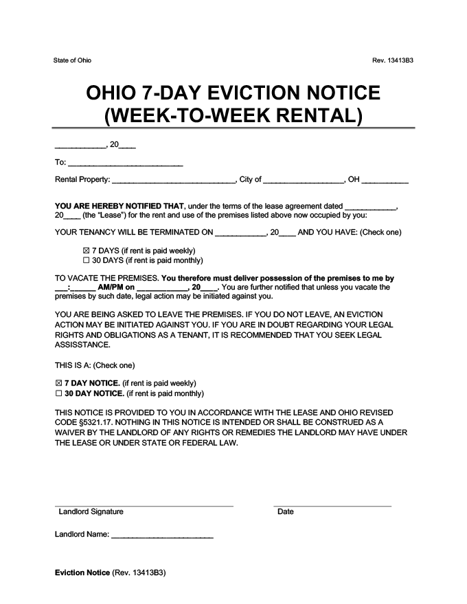 ohio 7 day eviction notice for week to week rentals form