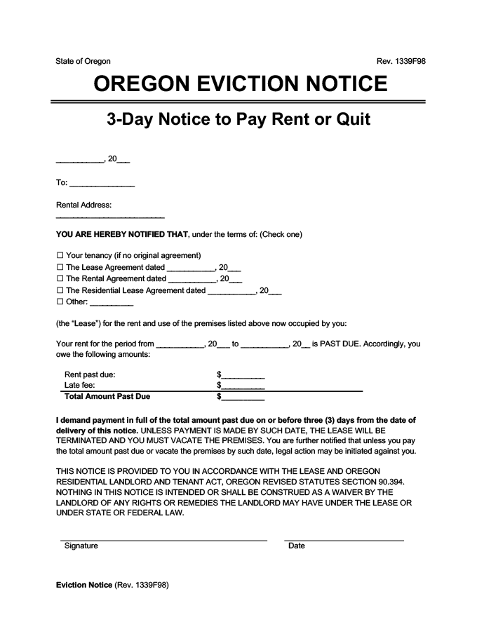 oregon eviction notice 3 day pay rent or quit