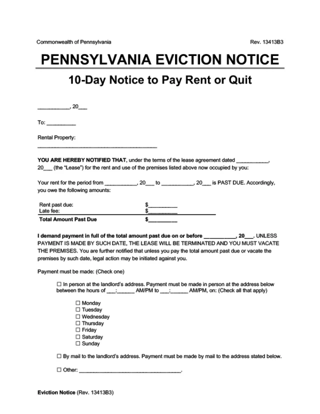 Pennsylvania eviction 10 day notice pay rent or quit screenshot