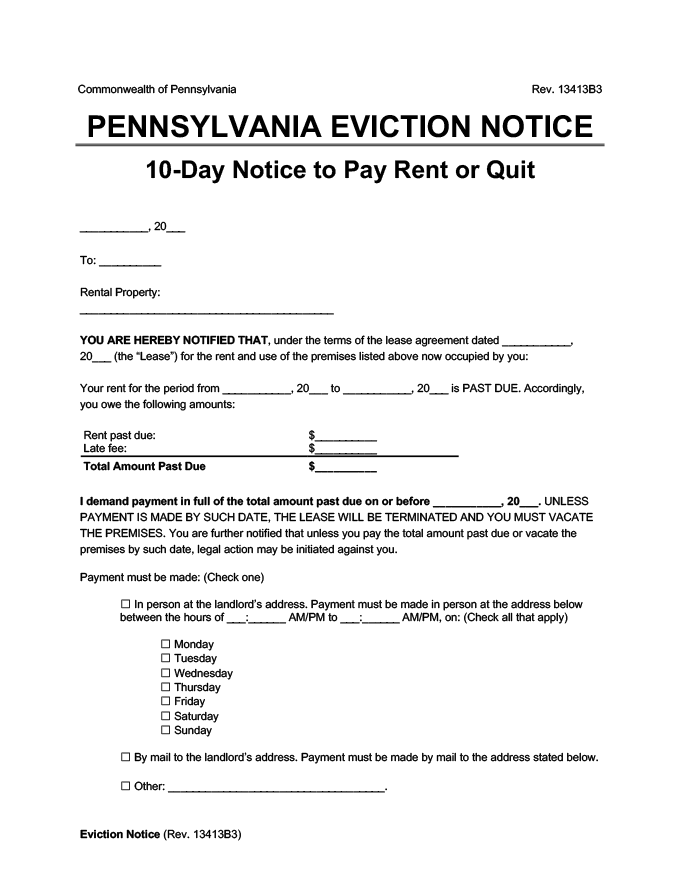 free pennsylvania eviction notice forms notice to quit