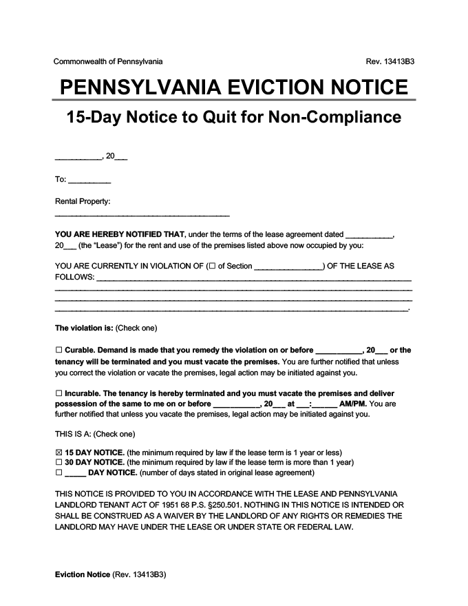 Pennsylvania eviction notice 15 day comply or quit screenshot