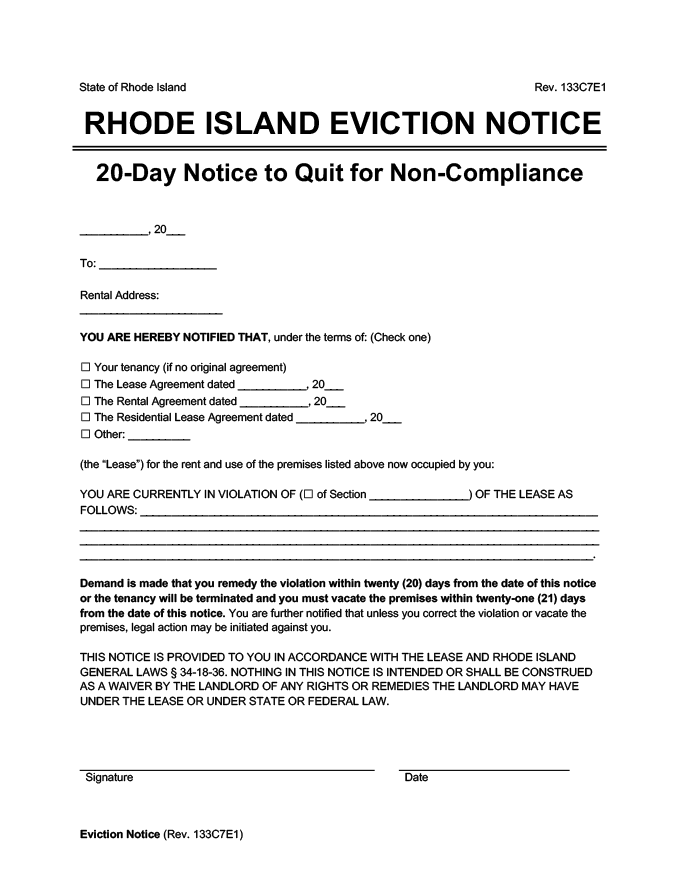 rhode island eviction notice 20 day comply or quit