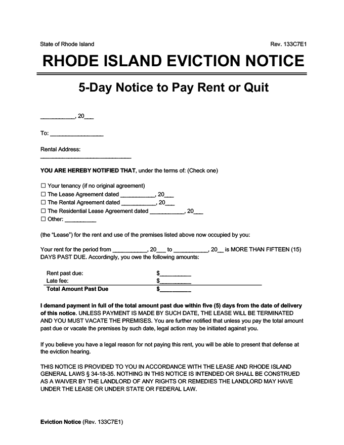 rhode island eviction notice 5 day per rent or quit