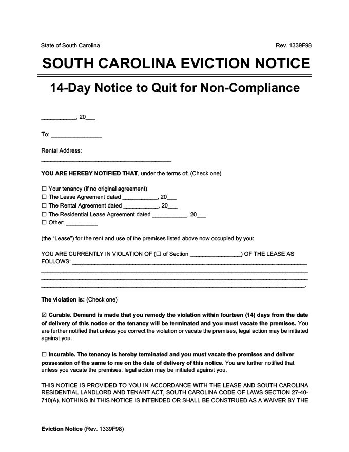 south carolina eviction notice 14 day comply or quit