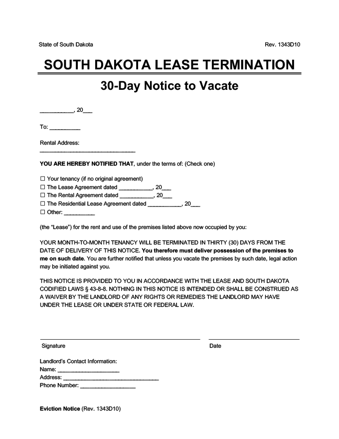south dakota 30 day lease termination