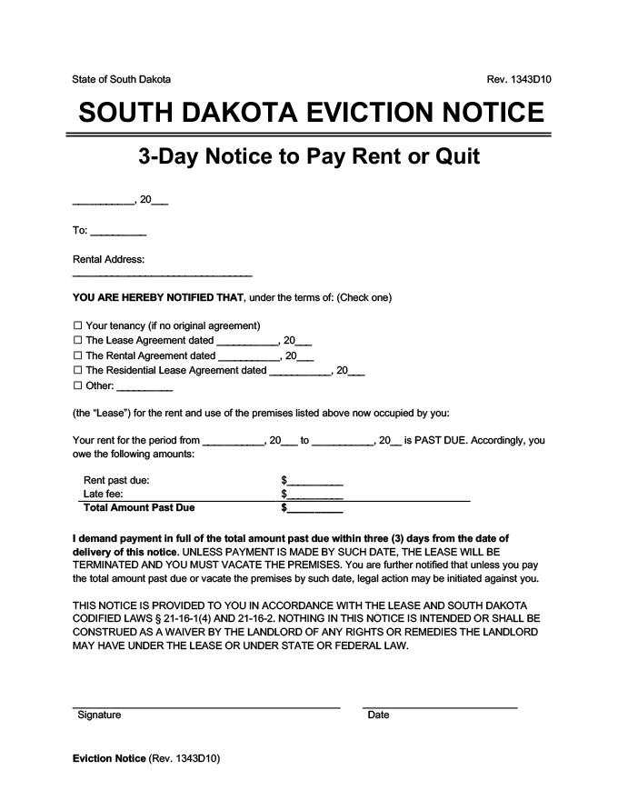 south dakota eviction notice 3 day pay rent or quit