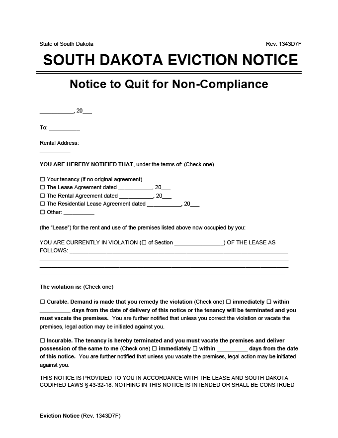south dakota eviction notice comply or quit