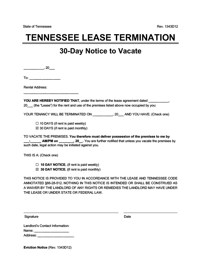 tennessee 30 day lease termination