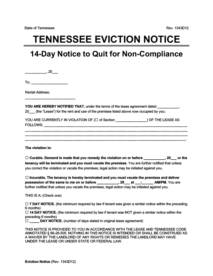 tennessee eviction notice 14 day comply or quit