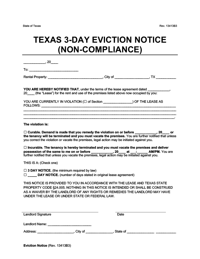 texas 3 day eviction notice for noncompliance