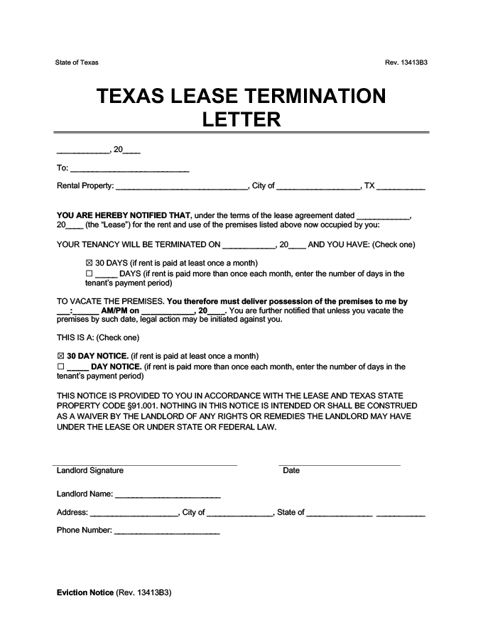 texas 30 day notice to vacate template