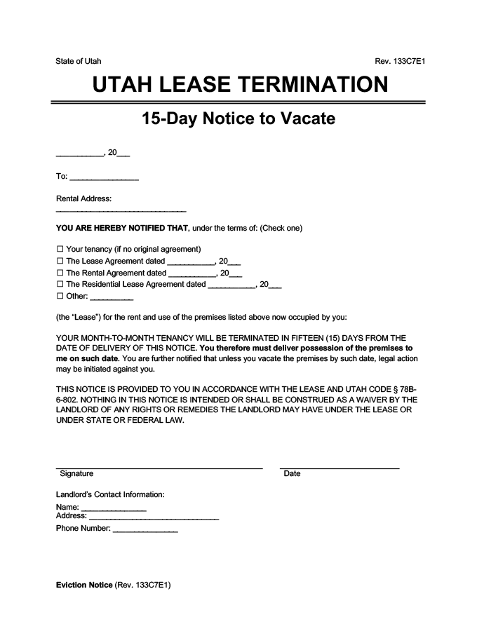 Utah 15 day lease termination