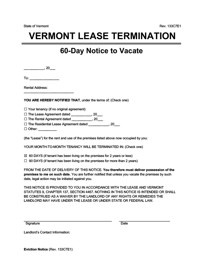 vermont 60 day lease termination