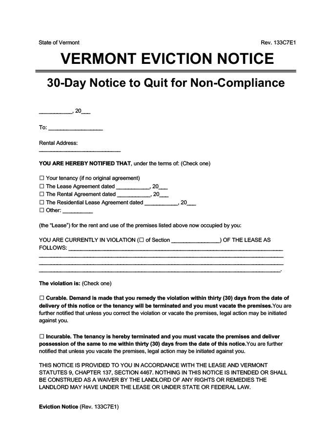 vermont eviction notice 30 day comply or quit