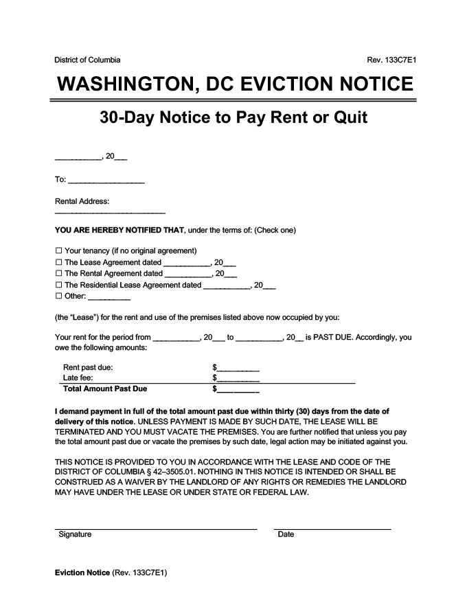 washington dc eviction notice 30 day pay rent or quit