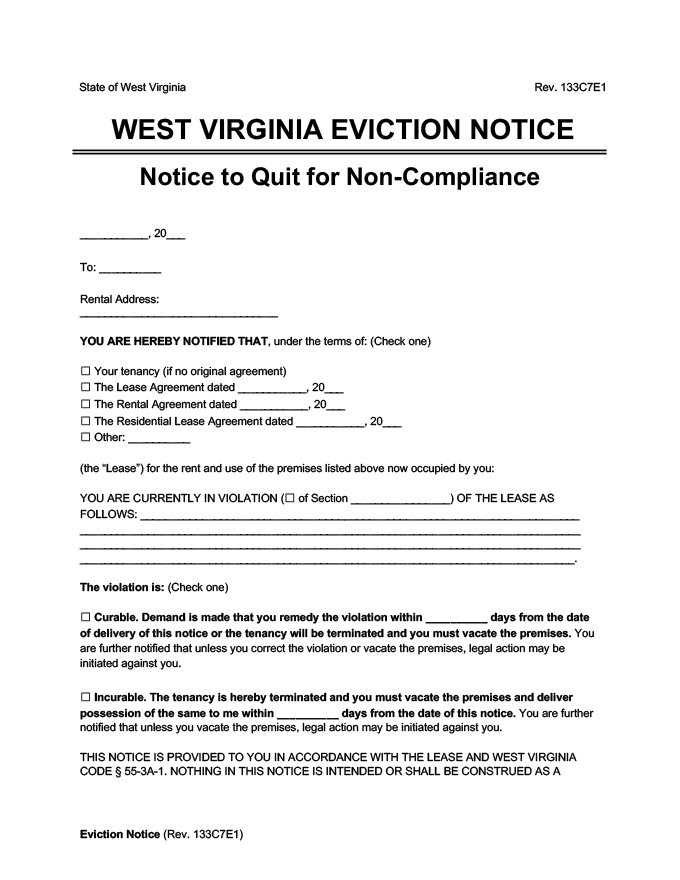 Free West Virginia Eviction Notice Forms [Notice to Quit]