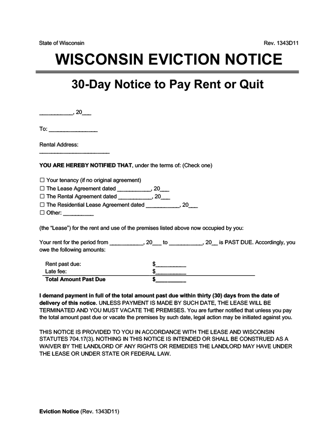 wisconsin eviction notice 30 day pay rent or quit