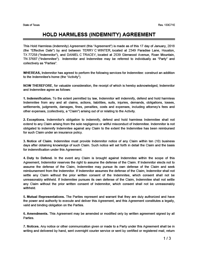 Hold Harmless And Indemnity Agreement Template