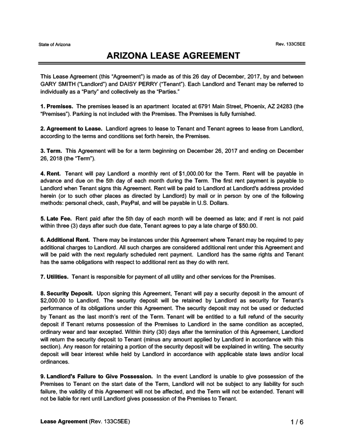 Arizona Lease Agreement Sample