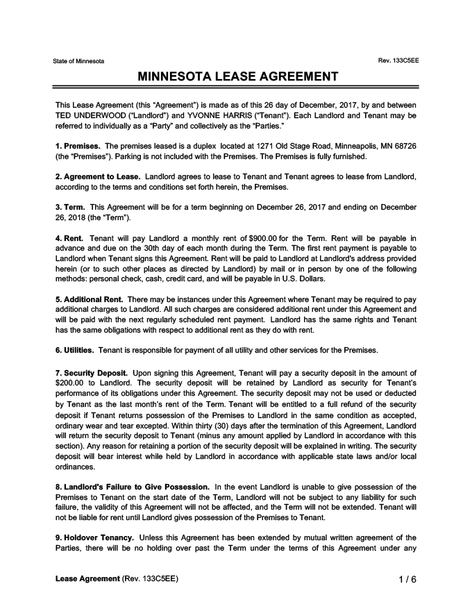 Minnesota Lease Agreement Sample