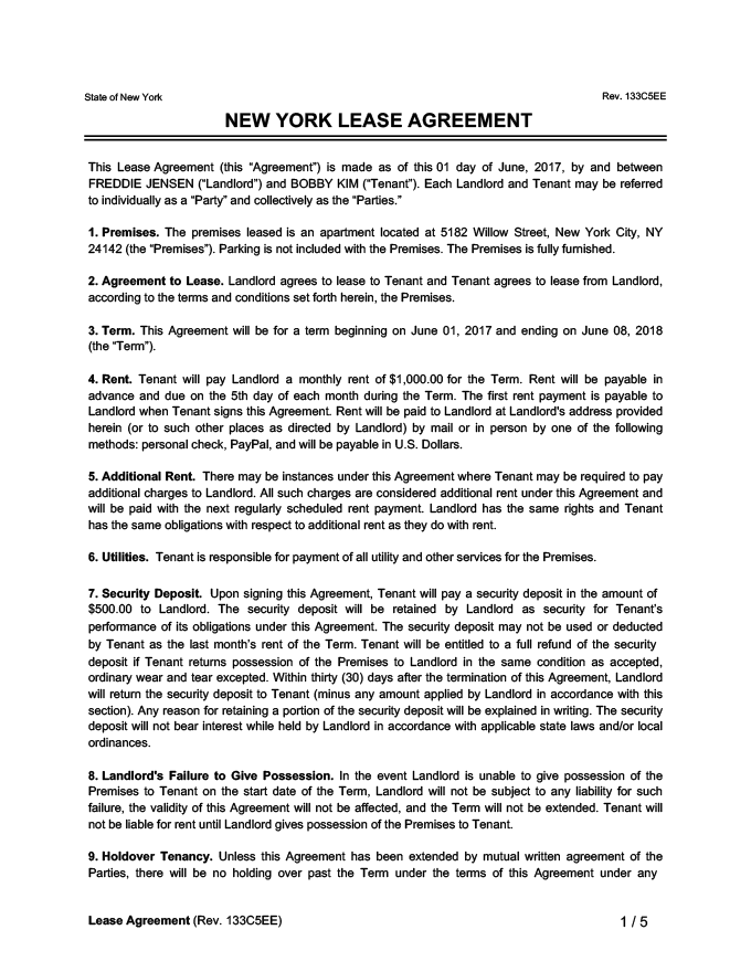 New York Lease Agreement Sample