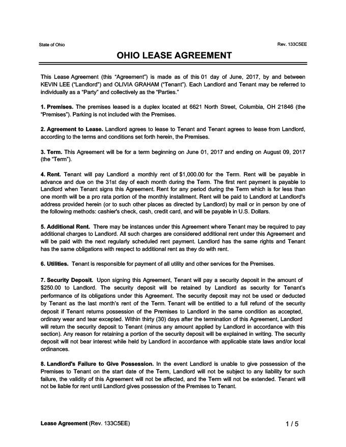 Ohio Lease Agreement Sample