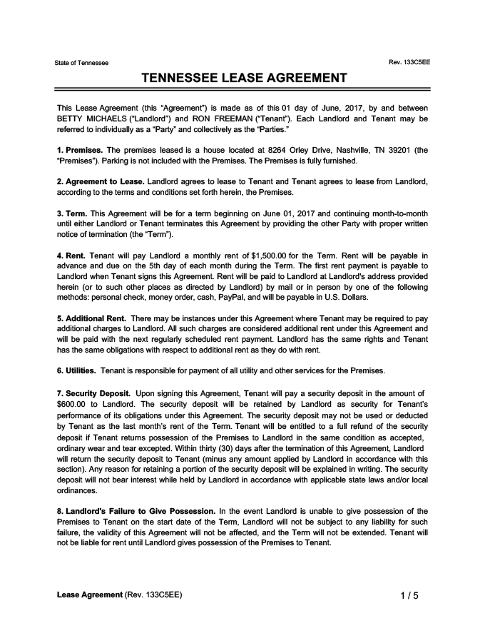 Tennessee Lease Agreement Sample