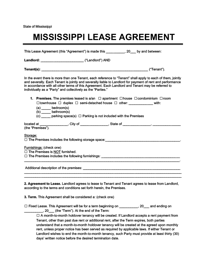 Mississippi Residential Lease Rental Agreement Create Download