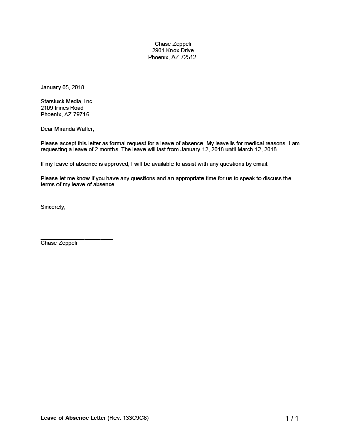 Sample Letter For Leave Of Absence Due To Family Illness