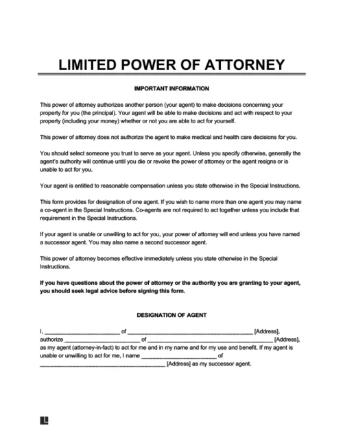 Limited power of attorney form