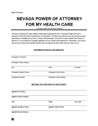 Nevada Durable Power of Attorney for Health Care Decisions Form