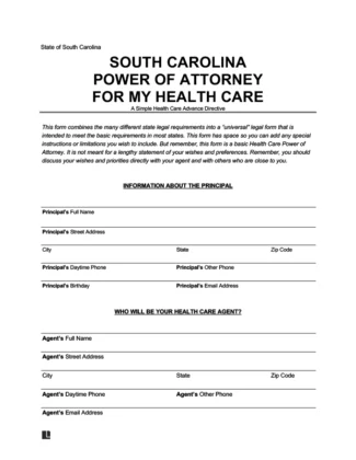 South Carolina Health Care Power of Attorney Form