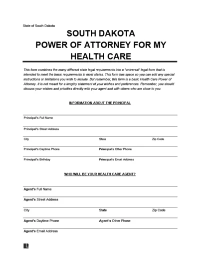 South Dakota Durable Power of Attorney for Health Care Form