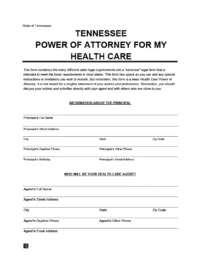 Tennessee Durable Power of Attorney for Health Care Form