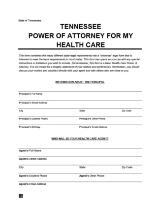 Tennessee Durable Power of Attorney for Health Care Form