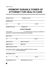 Vermont Durable Power of Attorney for Health Care Form