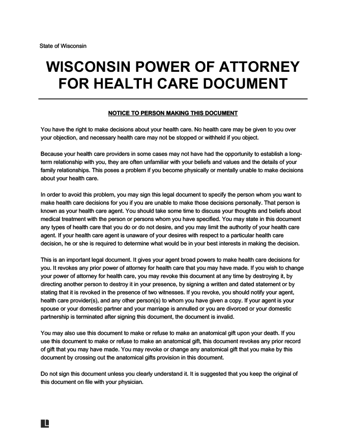 Wisconsin medical power of attorney screenshot