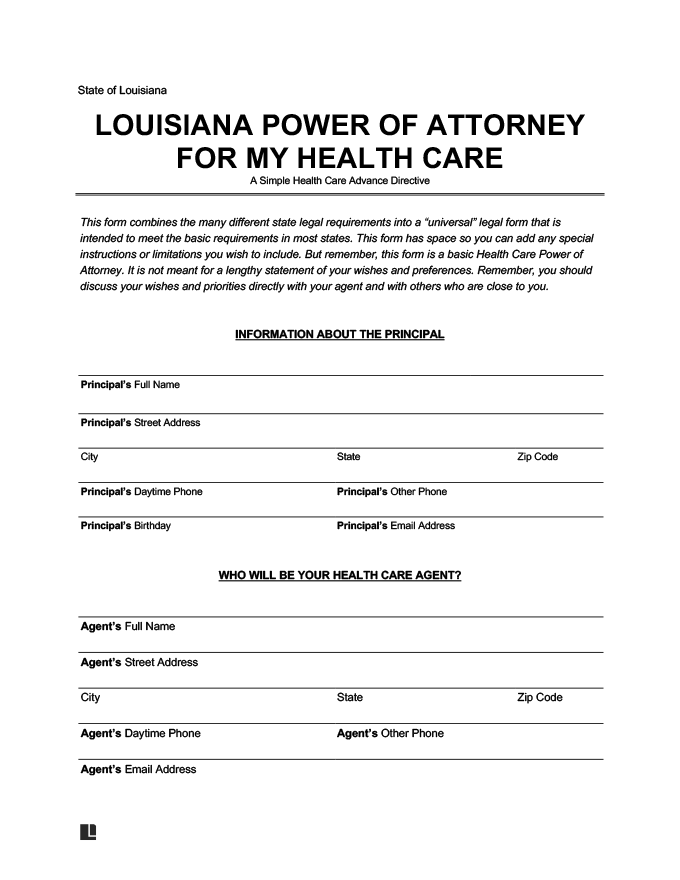Free Louisiana Medical Power Of Attorney Form Pdf Word Downloads
